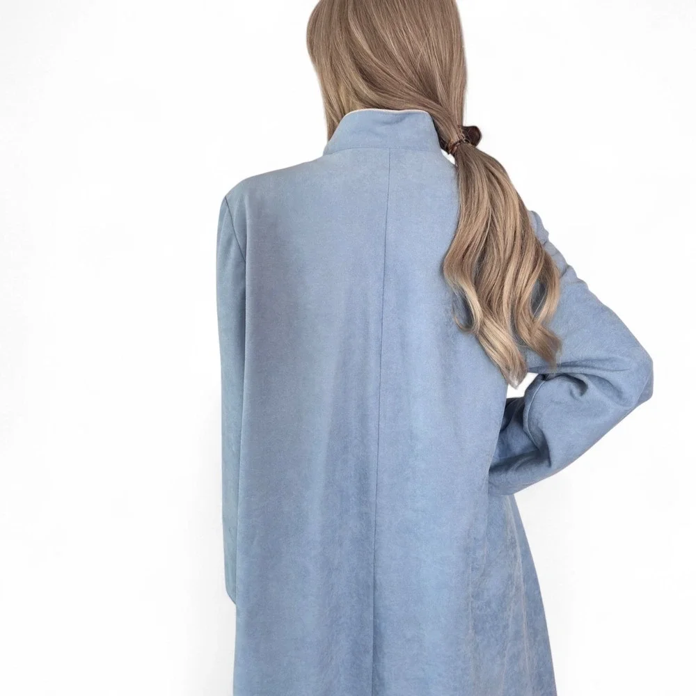 Vintage 80s Blue Faux Suede Midi Coat | Retro Soft Girl Coquette Academia Jacket